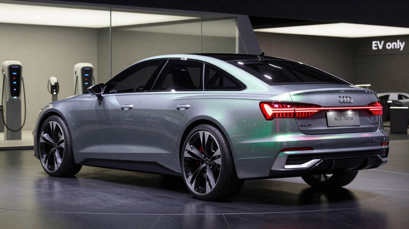 Carro elétrico Audi A6 e-tron cinzento numa exposição com estações de carregamento ao fundo.