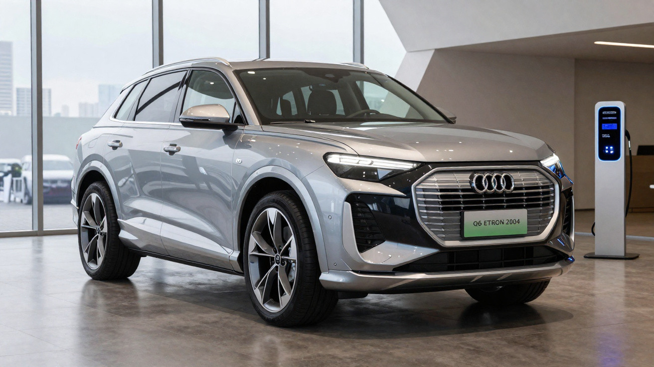 Audi Q6 e-tron cinzento estacionado numa sala com carregador eléctrico ao fundo.