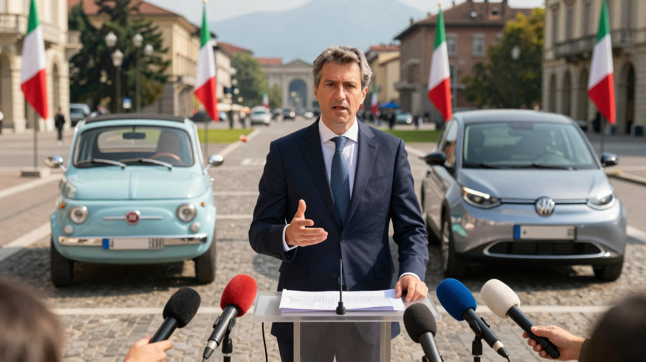 Homem de fato a falar em conferência de imprensa com dois carros e bandeiras italianas ao fundo.