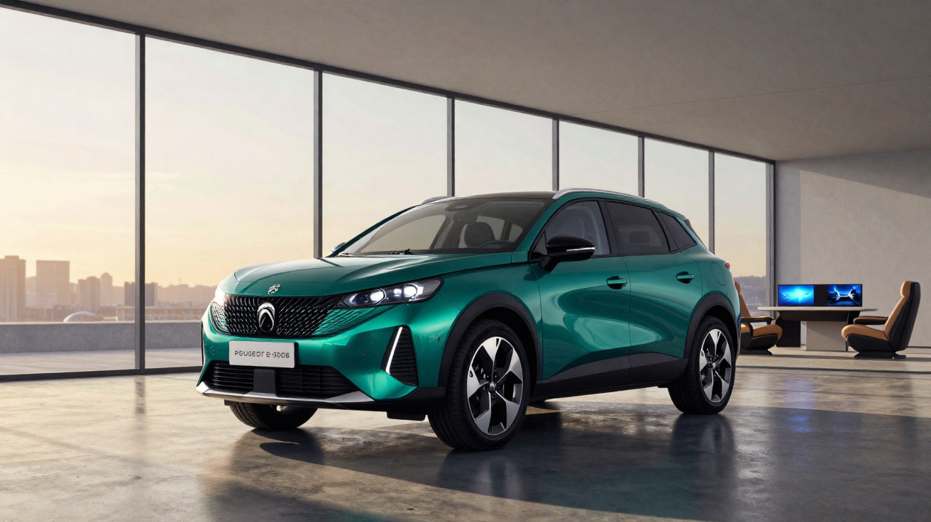 Peugeot e-2008 verde estacionado numa sala moderna com janelas amplas e vista para a cidade ao pôr do sol.