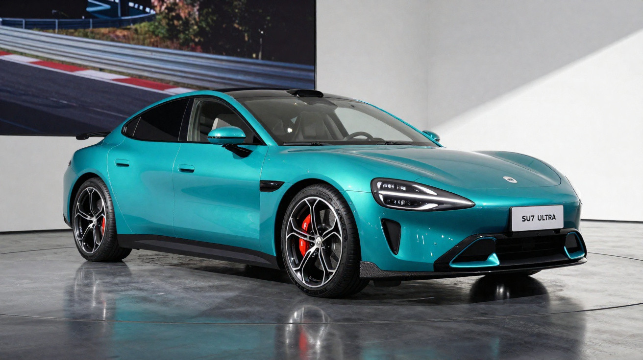 Carro desportivo elétrico azul turquesa modelo SU7 Ultra exposto em interior moderno com iluminação natural.