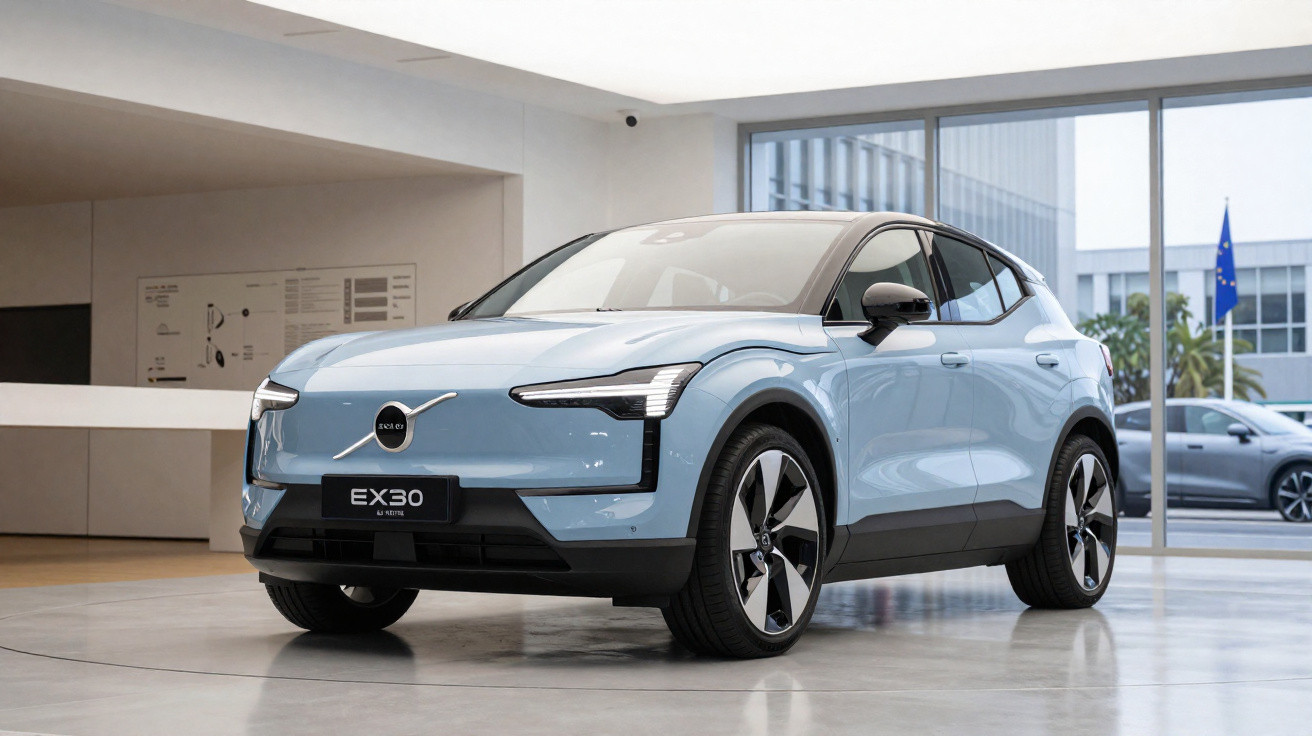 Carro elétrico Volvo EX30 azul claro em exposição numa sala moderna com janelas amplas.