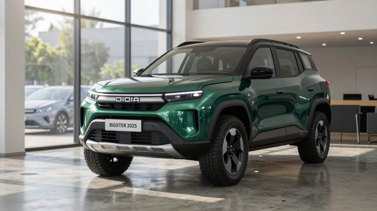 SUV elétrico verde Didi Bigster 2025 estacionado em espaço interior moderno com janelas grandes.