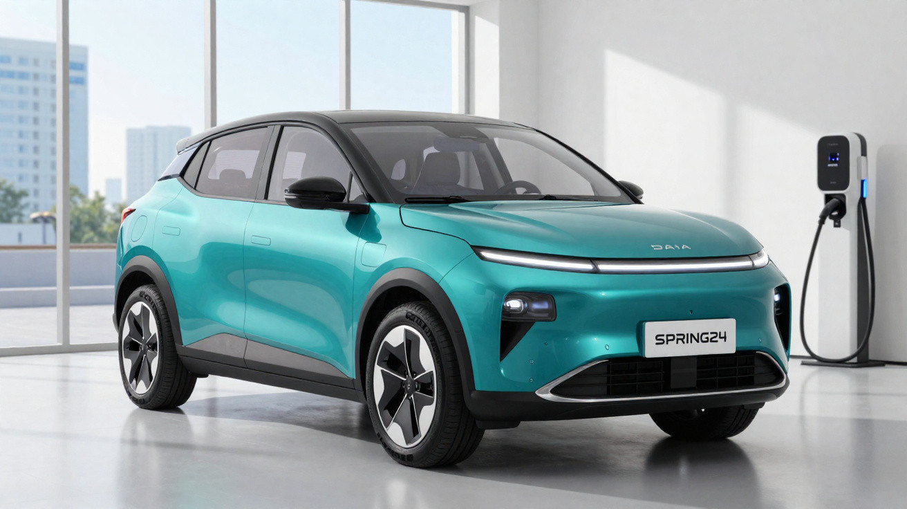 Carro elétrico azul turquesa Dama Spring24 estacionado em garagem moderna junto a estação de carregamento.