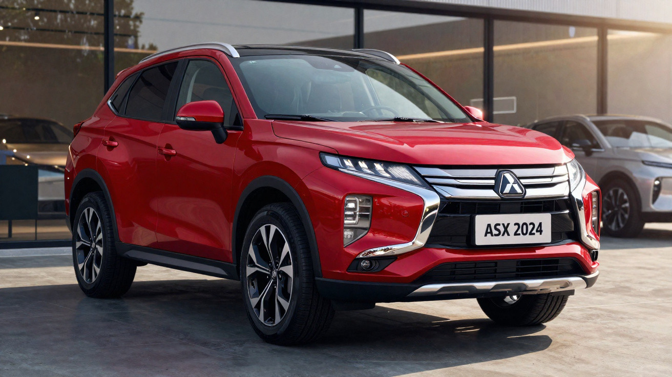 SUV vermelho Mitsubishi ASX 2024 estacionado em pavimento exterior junto a vidro refletor.