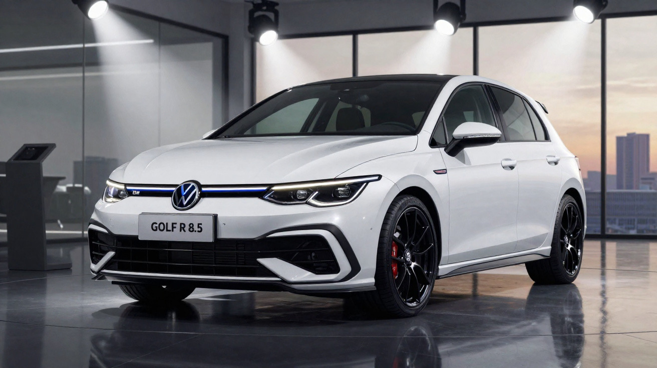 Volkswagen Golf R 8.5 branco estacionado em ambiente interior moderno com rodas pretas.