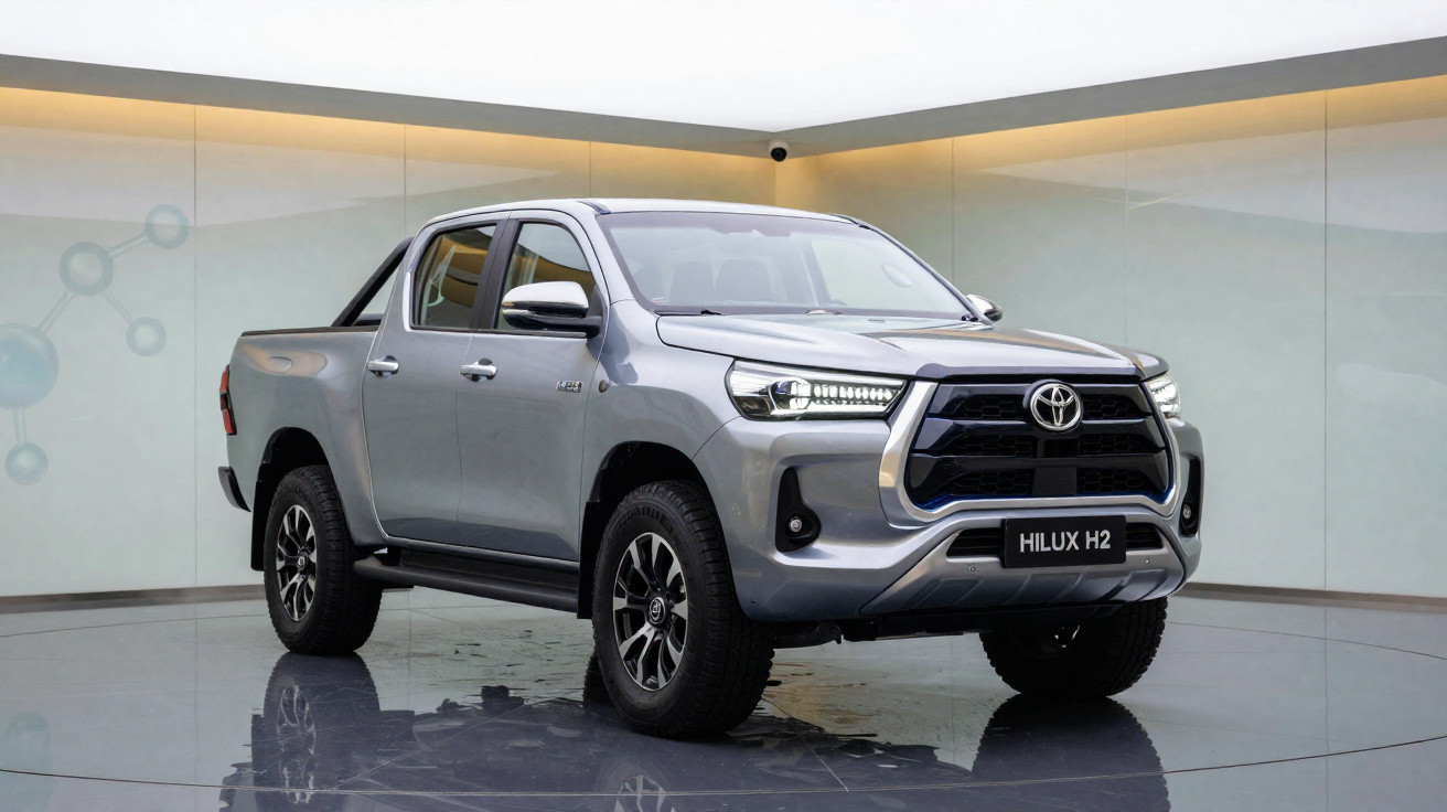 Toyota Hilux H2 cinzento estacionado num espaço interior moderno com chão refletor.