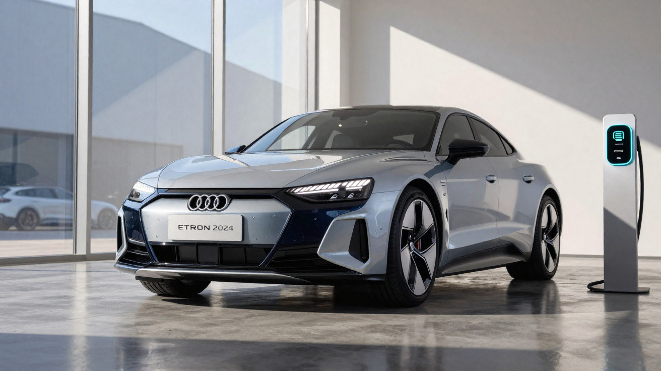 Carro elétrico Audi e-tron 2024 prateado estacionado junto a posto de carregamento em espaço interior iluminado.