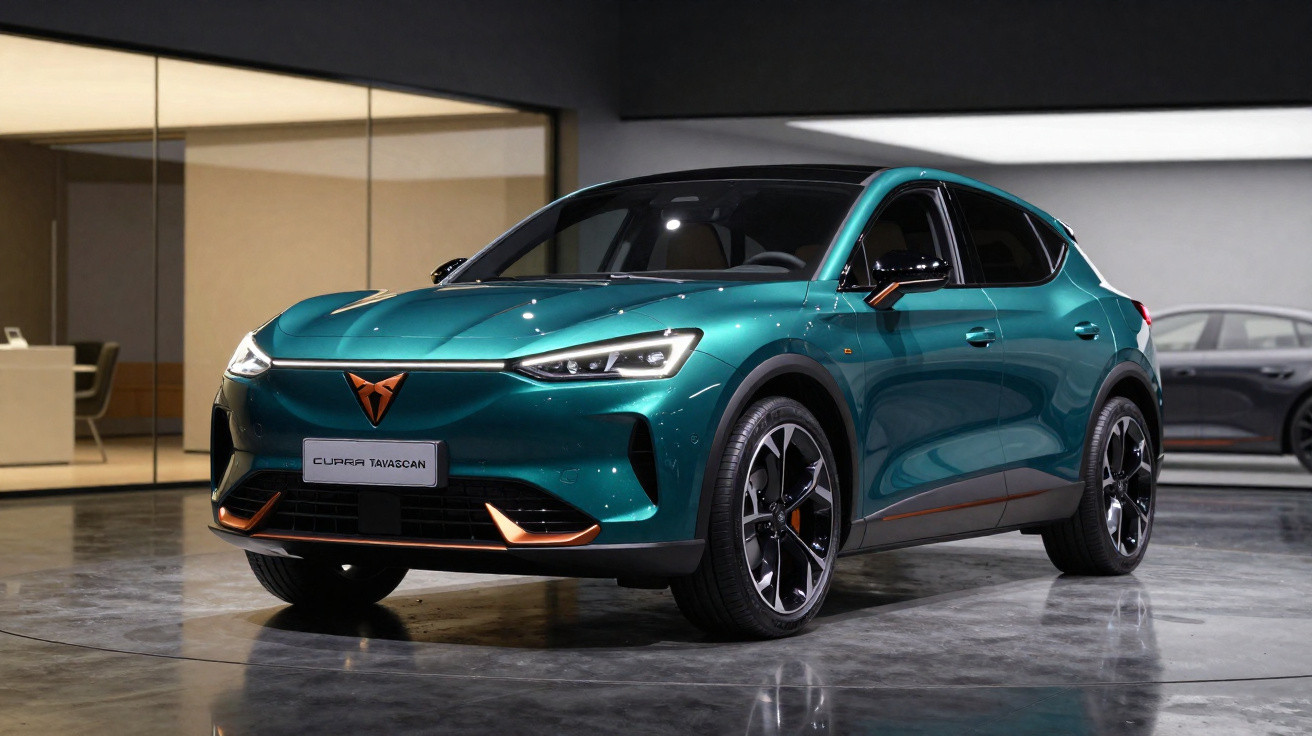 Carrro eléctrico Cupra Tavascan azul metálico estacionado em salão moderno com iluminação.