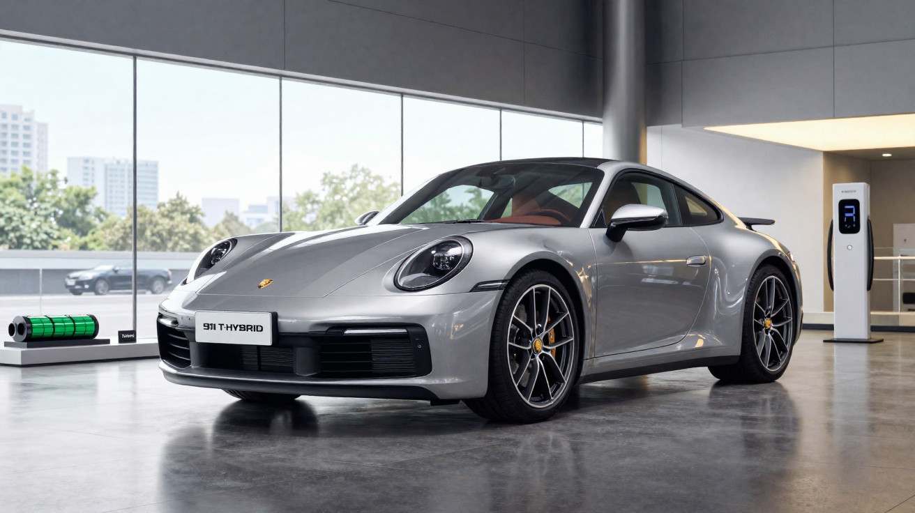 Carro esportivo Porsche 911 Hybrid cinza exposto numa garagem moderna com estação de carregamento elétrica.