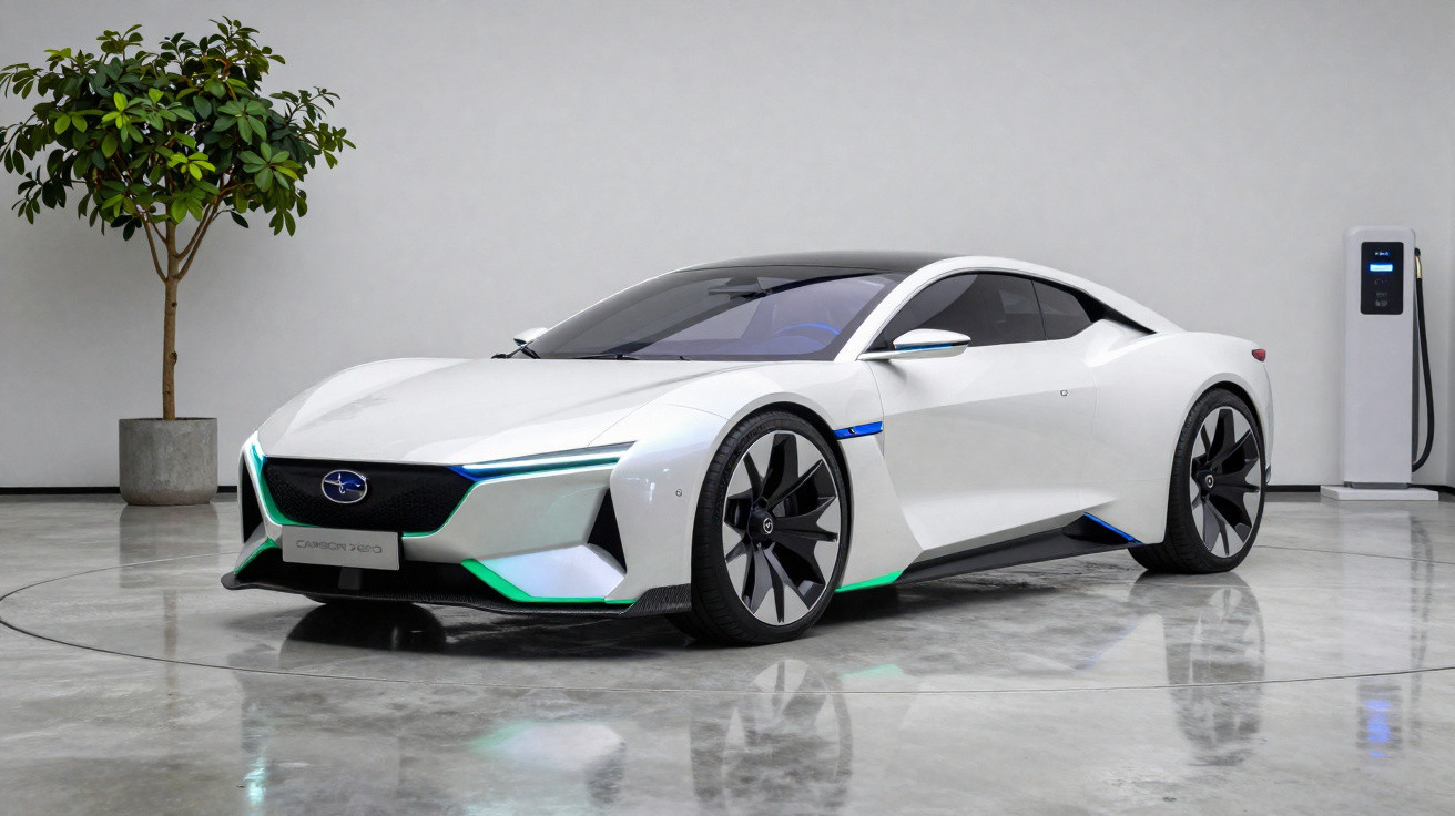 Carro desportivo elétrico branco com design futurista estacionado junto a uma árvore e posto de carregamento.