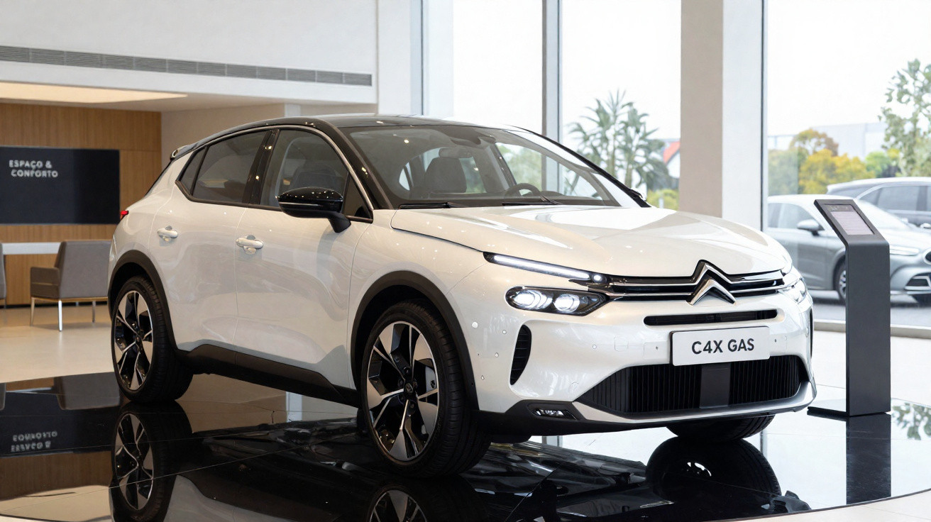 Carro Citroën C4X GAS branco exposto em showroom moderno com janelas grandes e chão espelhado.