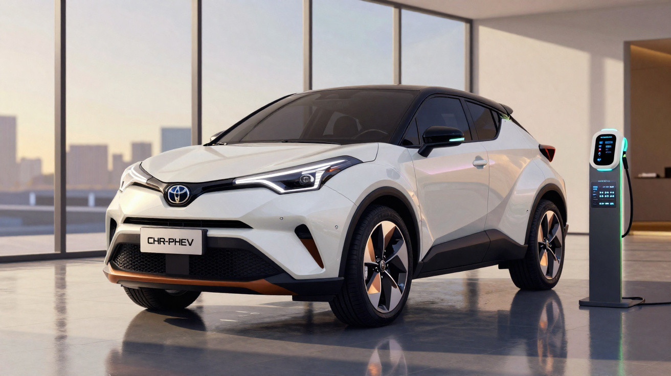 Carro híbrido Toyota C-HR PHEV estacionado junto a posto de carregamento elétrico em espaço interior moderno.