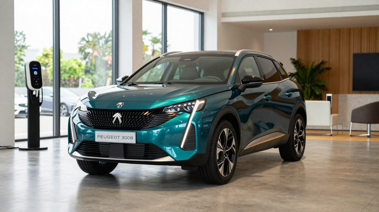 Peugeot 3008 verde-azulado estacionado numa garagem moderna junto a um ponto de carregamento elétrico.