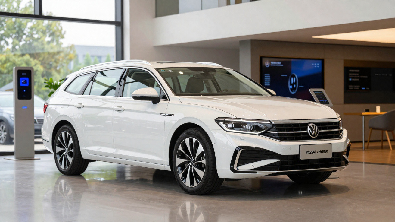 Carro branco Volkswagen Passat híbrido estacionado dentro de um showroom moderno.