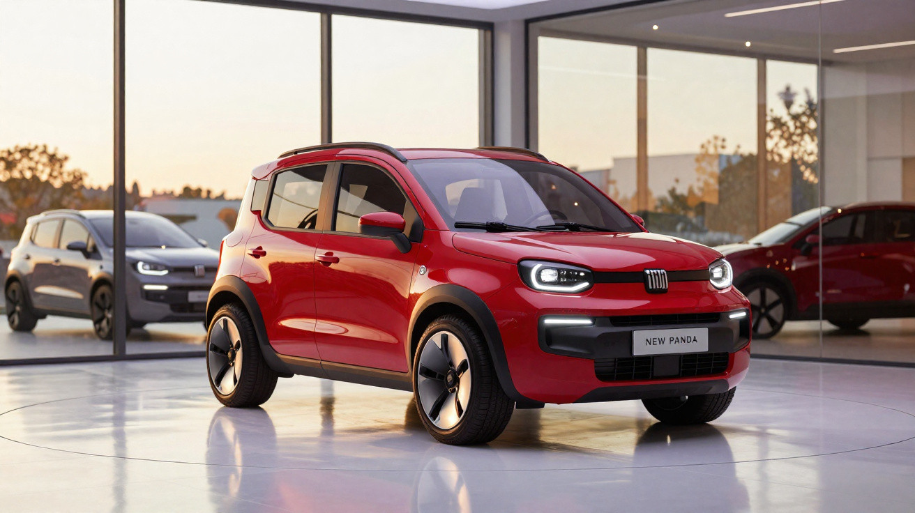Carro Fiat New Panda vermelho em showroom moderno com janelas grandes e outros carros ao fundo.