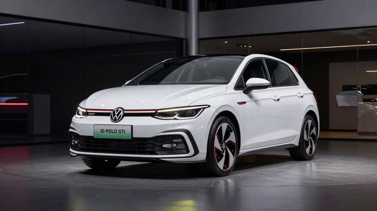 Carro Volkswagen ID Polo GTI branco estacionado em piso interior com reflexos no chão.