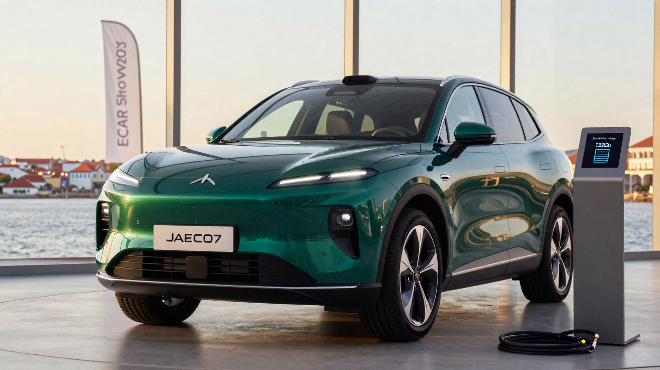 Carro elétrico verde JAECO7 ligado a posto de carregamento interior, com vista para rio e edifícios ao fundo.