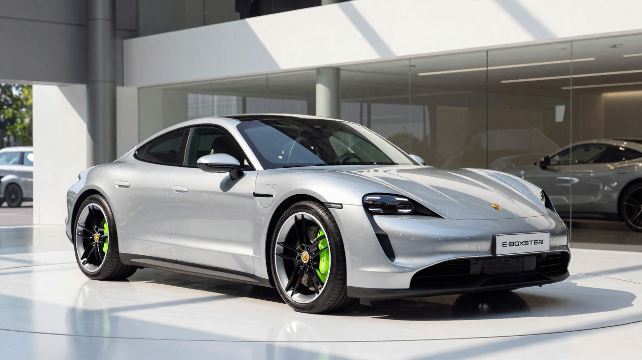 Carro desportivo elétrico prata Porsche Taycan E-Boxster estacionado num showroom moderno.