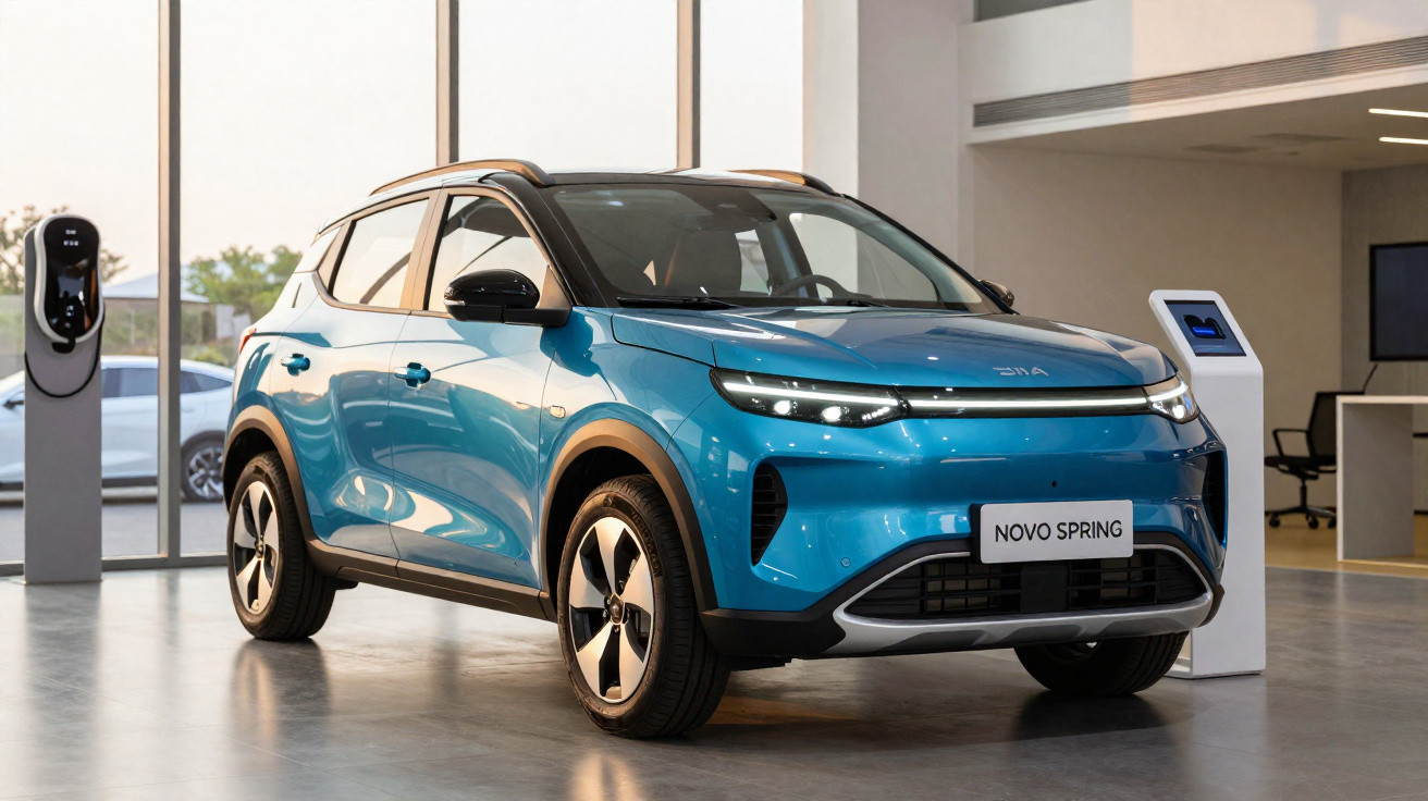 Carro elétrico azul Novo Spring num showroom moderno com estação de carregamento à esquerda.