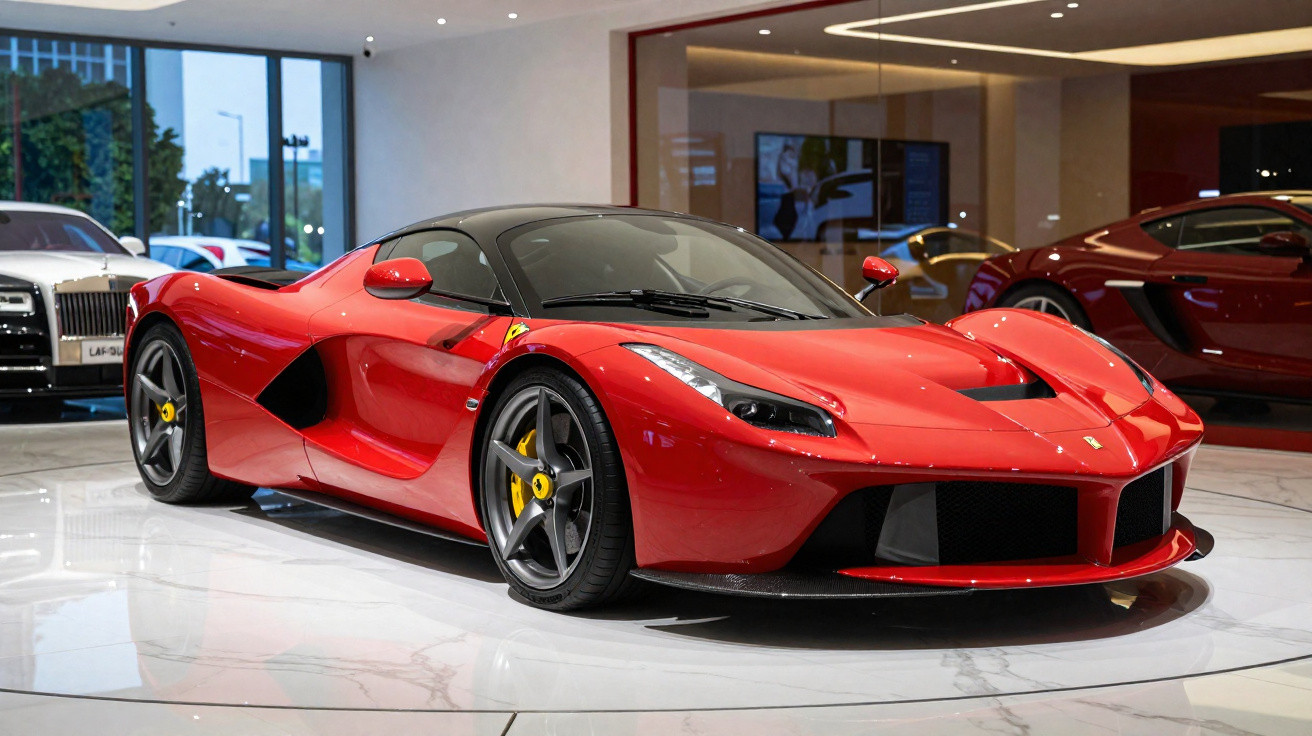 Carro desportivo Ferrari vermelho estacionado em showroom moderno com chão de mármore.