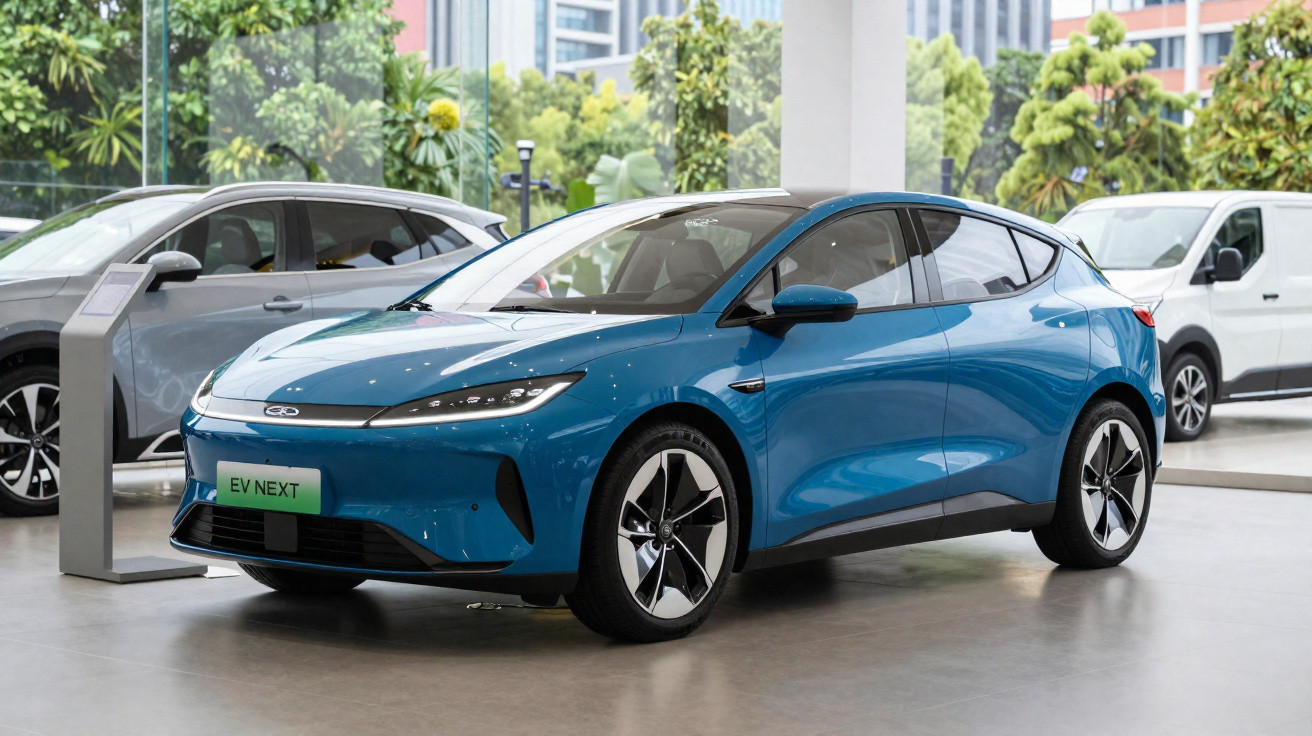 Carro elétrico azul moderno exposto em showroom com janelas e árvores ao fundo.