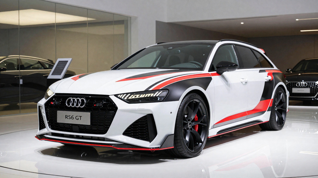 Audi RS6 GT branco com detalhes em preto e vermelho, exposto em salão moderno com piso branco.
