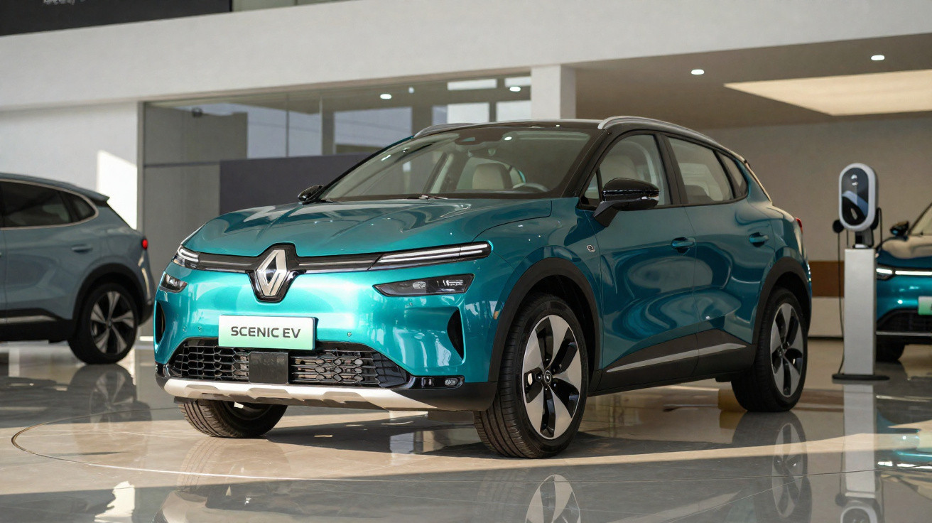 Pequeno SUV elétrico Renault Scenic EV azul exposto em stand moderno com outro carro ao fundo.