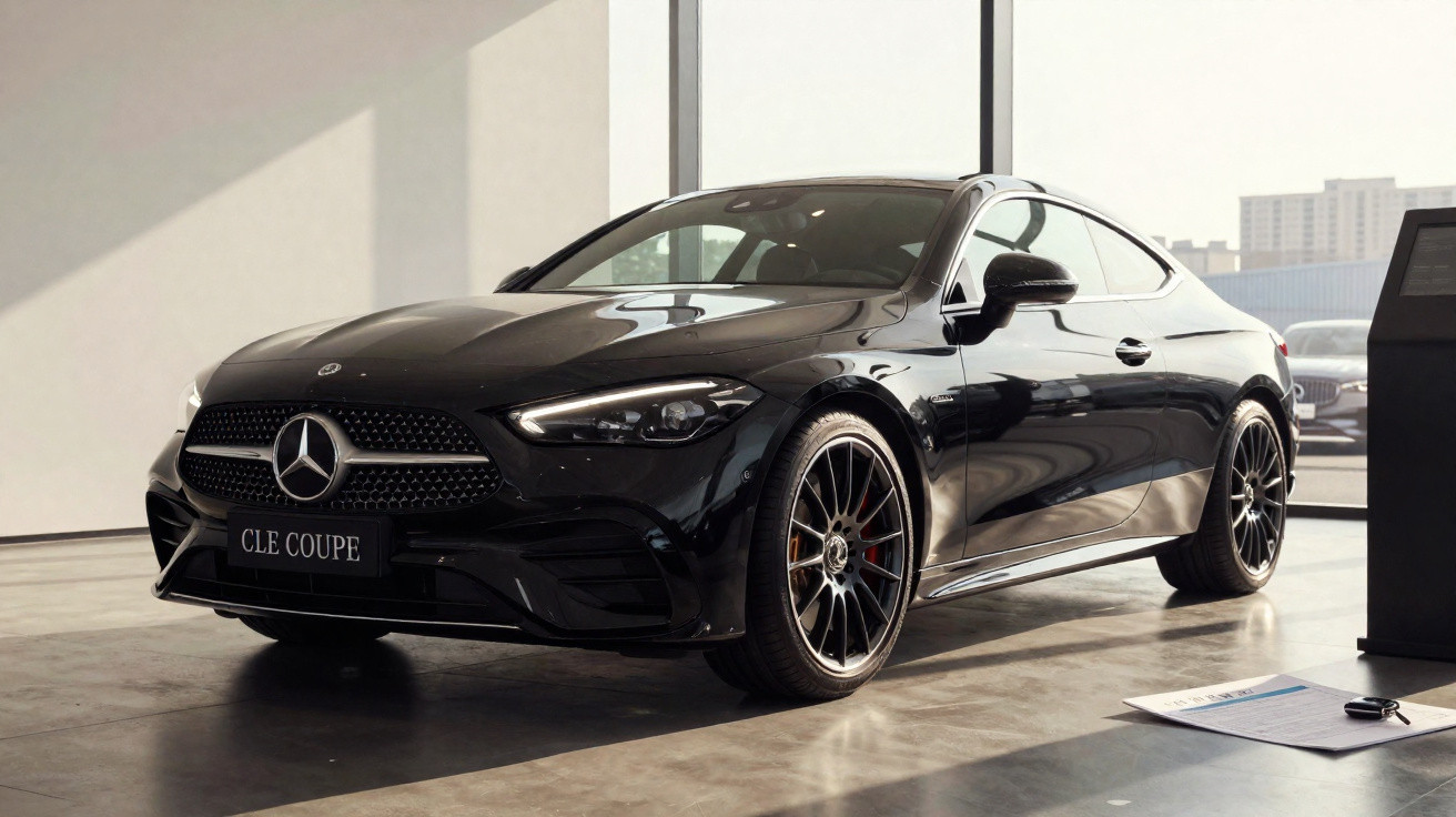 Mercedes-Benz CLE Coupe preto estacionado em showroom moderno com iluminação natural.