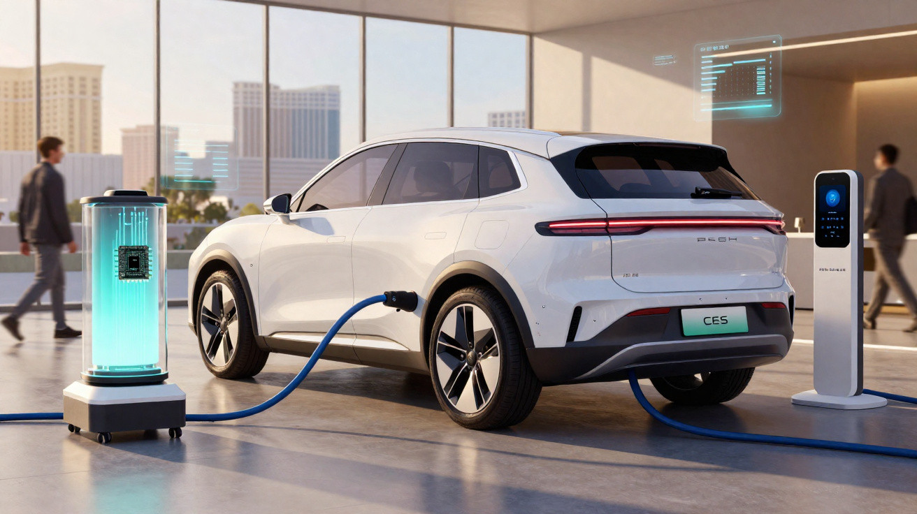 Carro elétrico branco a carregar numa estação de carregamento num espaço moderno com janelas grandes.