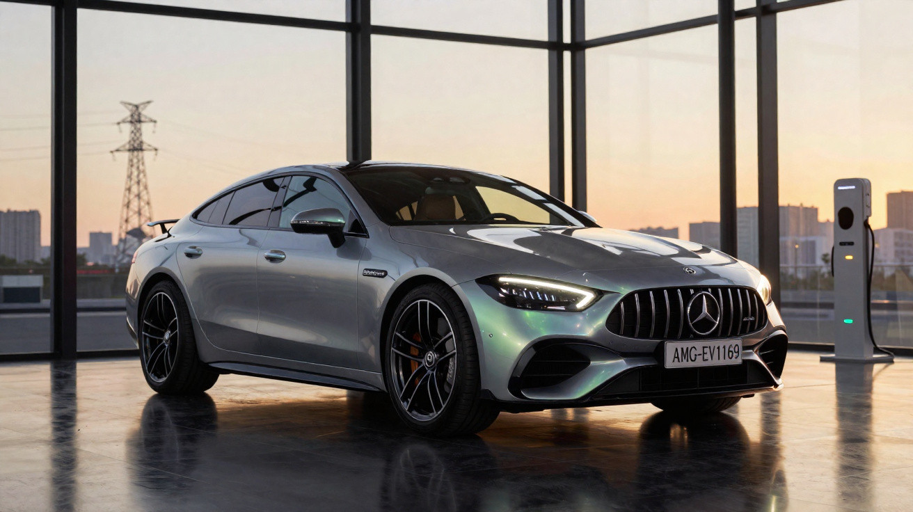 Carro desportivo elétrico Mercedes prata estacionado em garagem moderna com painéis de vidro e carregador elétrico.
