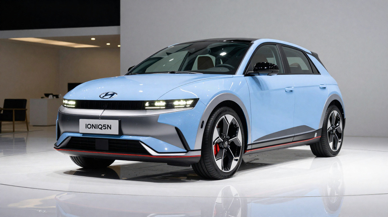 Carro elétrico Hyundai Ioniq 5N azul em exposição num espaço moderno e minimalista.