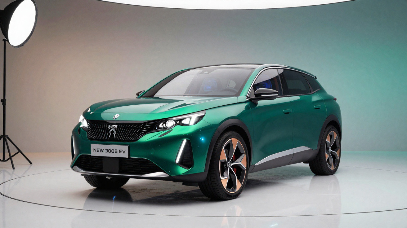 Carro elétrico Peugeot 3008 EV verde em estúdio com luz artificial e fundo neutro.