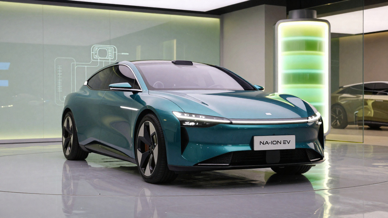 Carro elétrico azul NA-ION EV estacionado em interior moderno com bateria iluminada ao fundo.