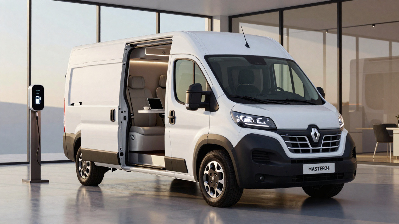 Carrinha elétrica Renault Master24 branca, porta lateral aberta, ligada a posto de carregamento, em espaço moderno.