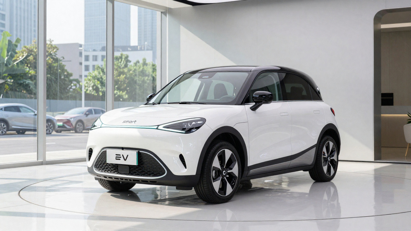 Carro elétrico compacto branco com tejadilho preto exposto em showroom moderno com janelas grandes.
