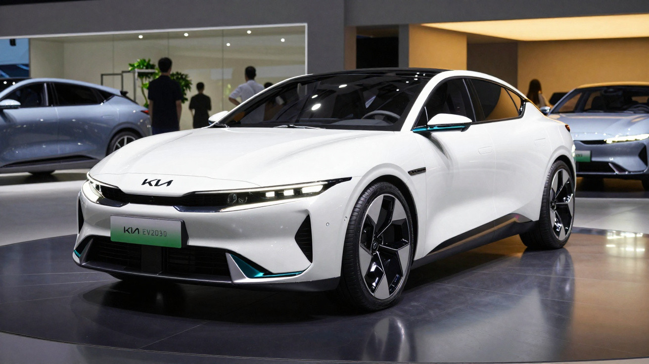 Carro elétrico branco KIA EV2030 exposto em salão automóvel moderno com luzes LED e design futurista.