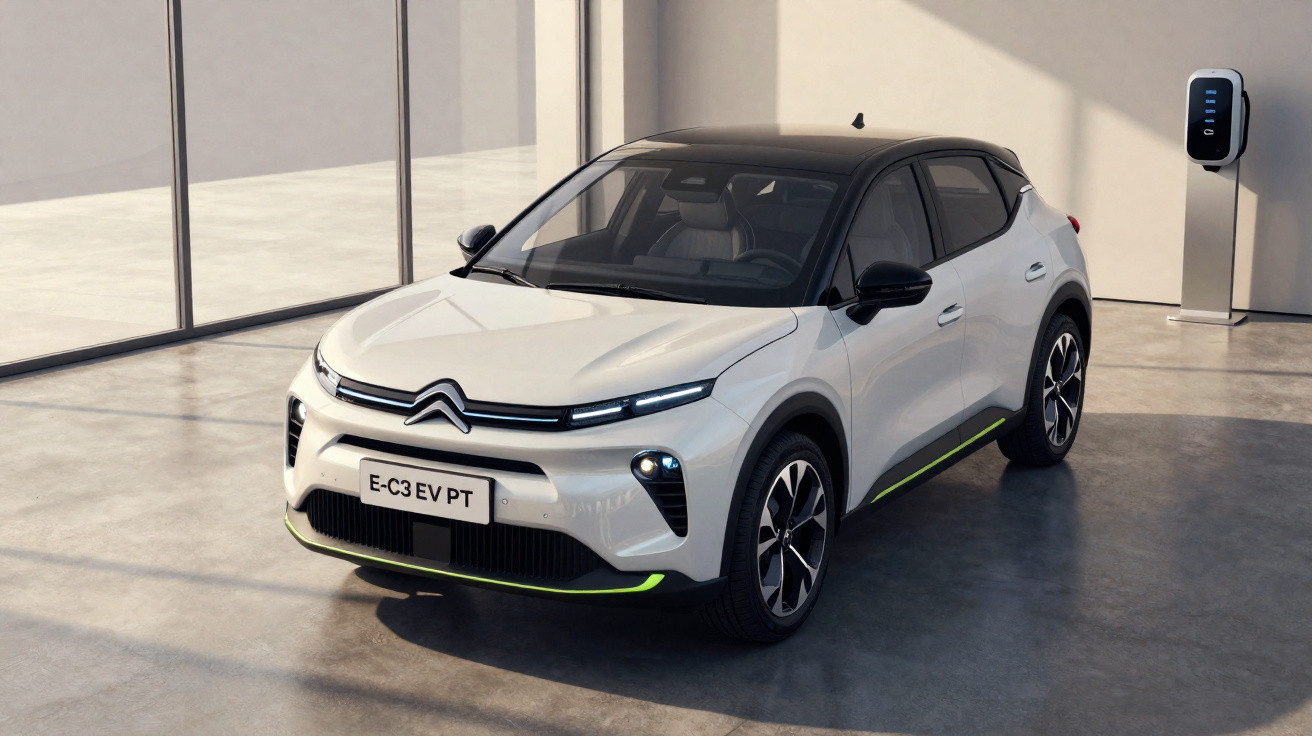 Carro elétrico Citroën E-C3 EV branco com tejadilho preto numa garagem minimalista com carregador elétrico.