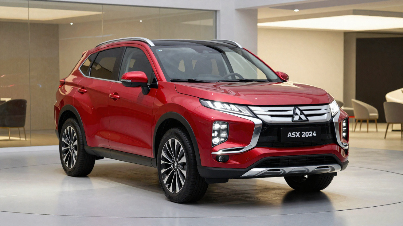 SUV vermelho Mitsubishi ASX 2024 estacionado em interior moderno e luminoso.