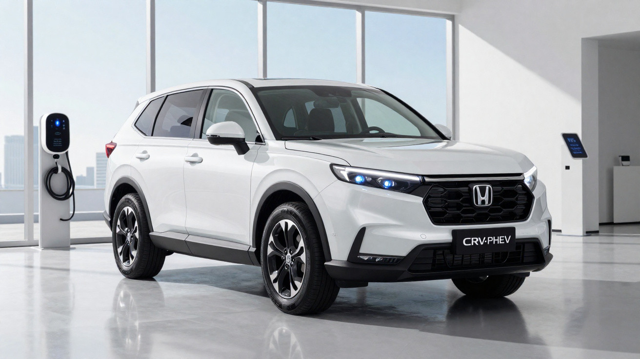 SUV Honda CR-V PHEV branco estacionado em sala moderna junto a estação de carregamento elétrico.