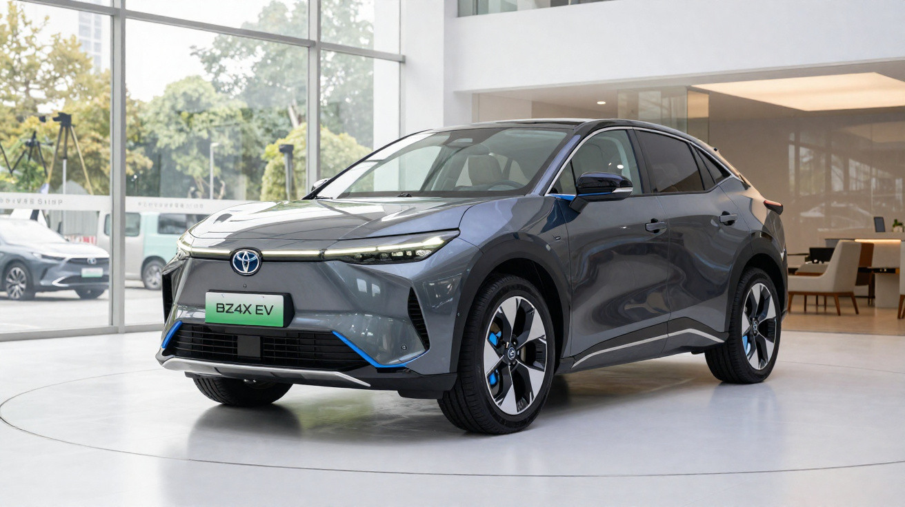 Carro elétrico Toyota BZ4X cinzento, SUV moderno em exposição numa sala com grandes janelas.