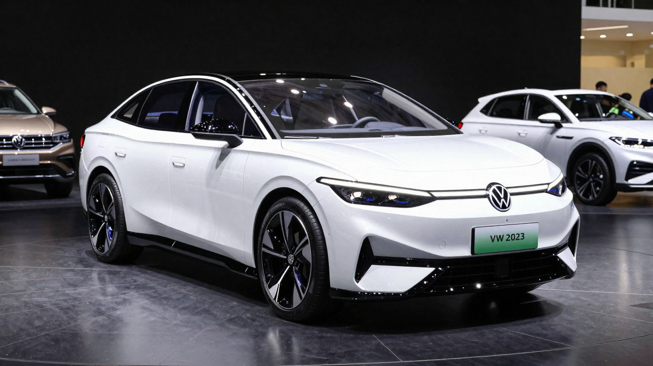 Carro elétrico branco VW 2023 exibido em salão automóvel com design futurista e rodas pretas.