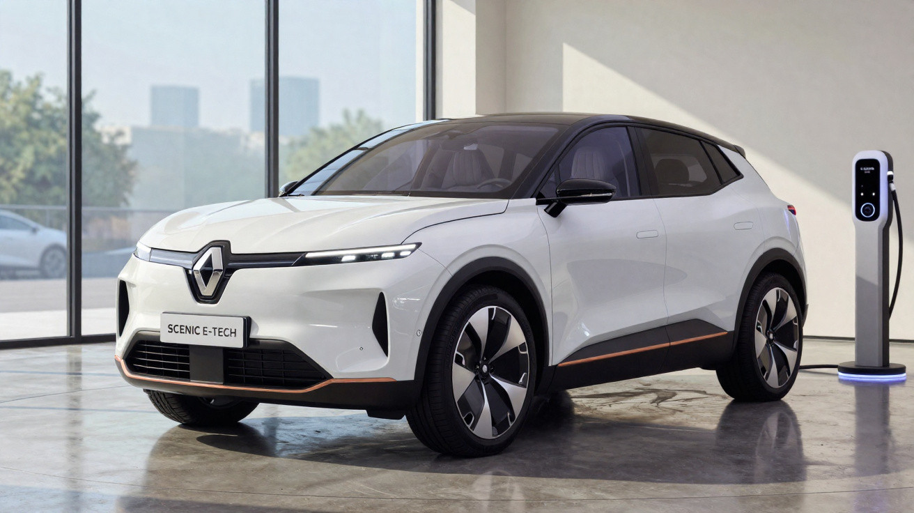 Carro elétrico branco Renault Scenic E-Tech estacionado junto a posto de carregamento numa garagem moderna.