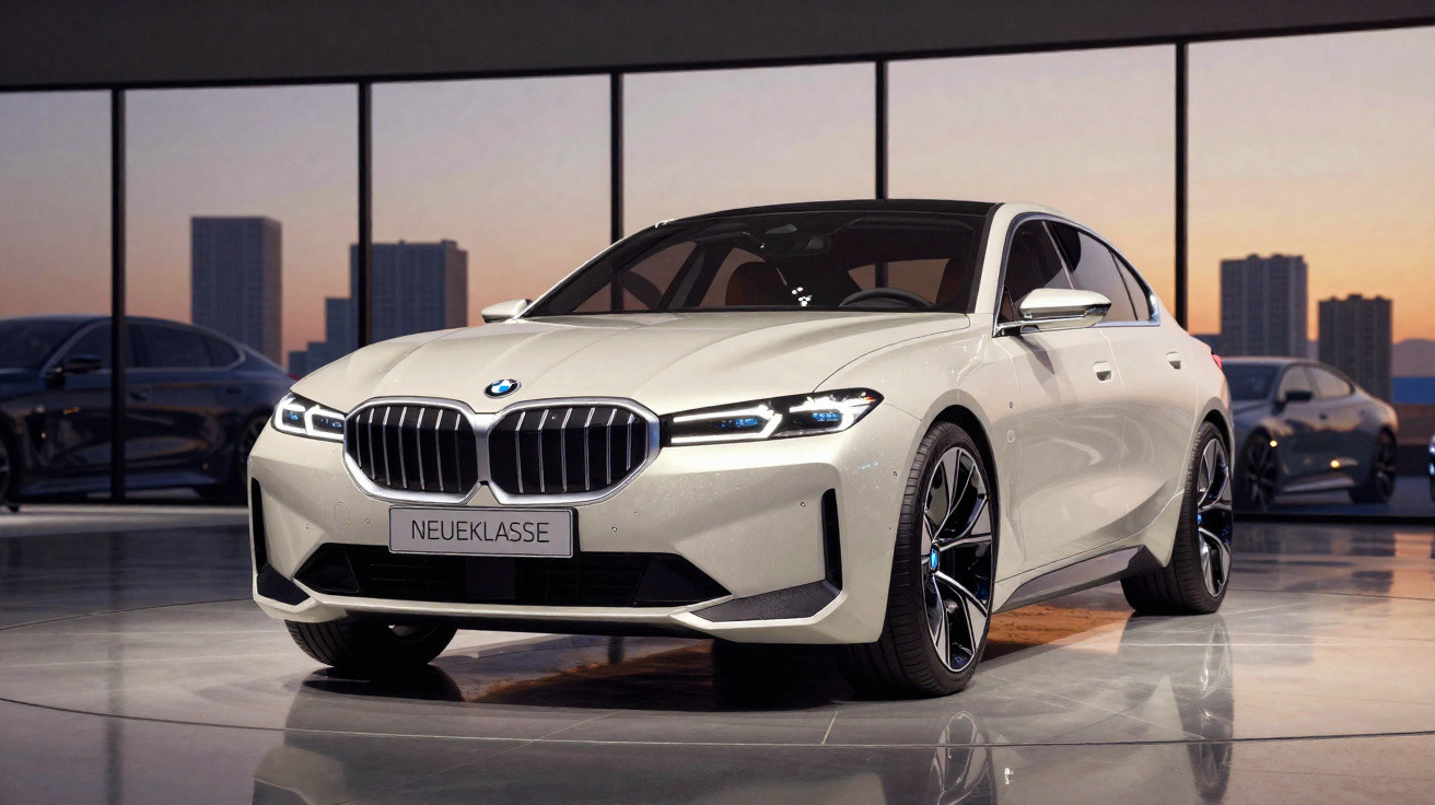 Carro BMW branco em exposição interior com grandes janelas e edifícios ao fundo ao pôr do sol.