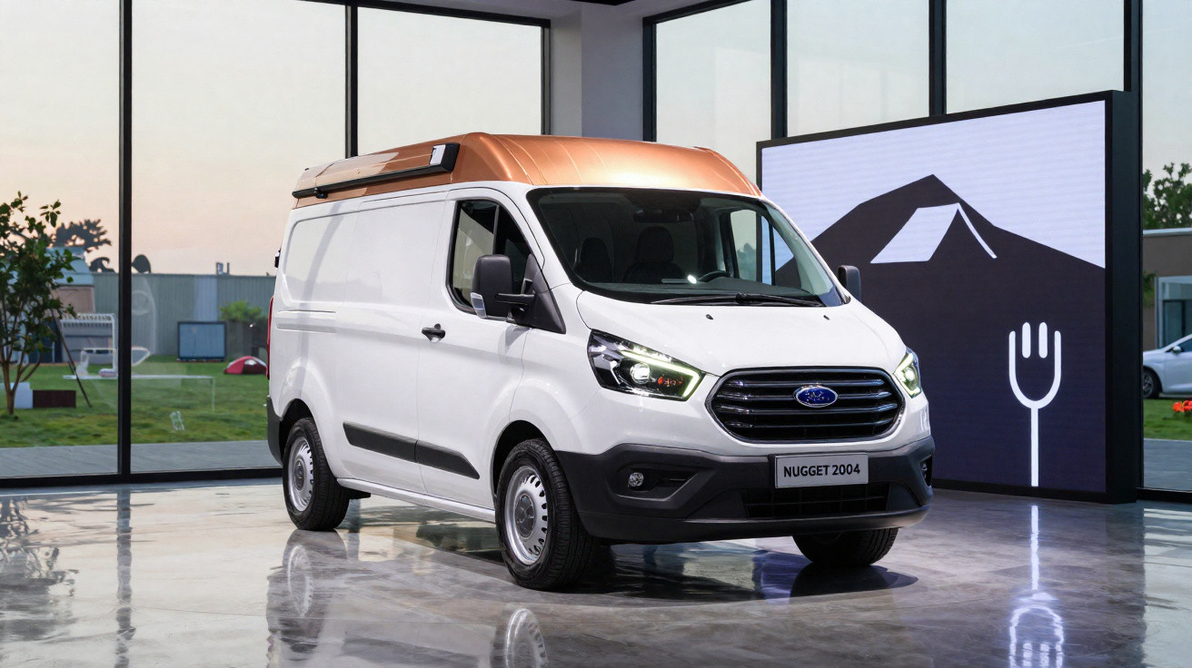 Carrinha Ford Nugget 2004 branca com tejadilho castanho exposta em showroom com janelas grandes.