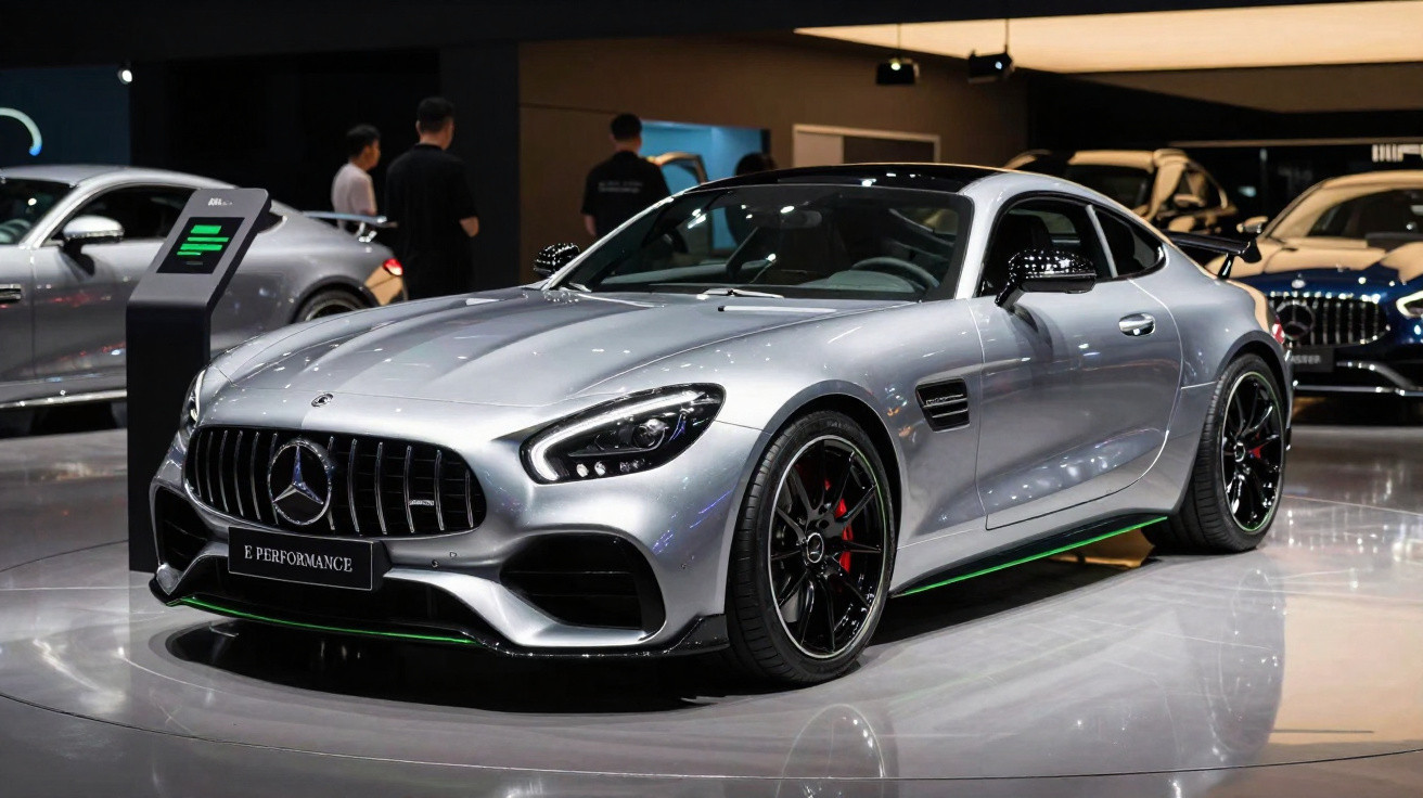 Carro desportivo Mercedes-Benz prata em exposição, com rodas pretas e detalhes em verde no chão refletido.
