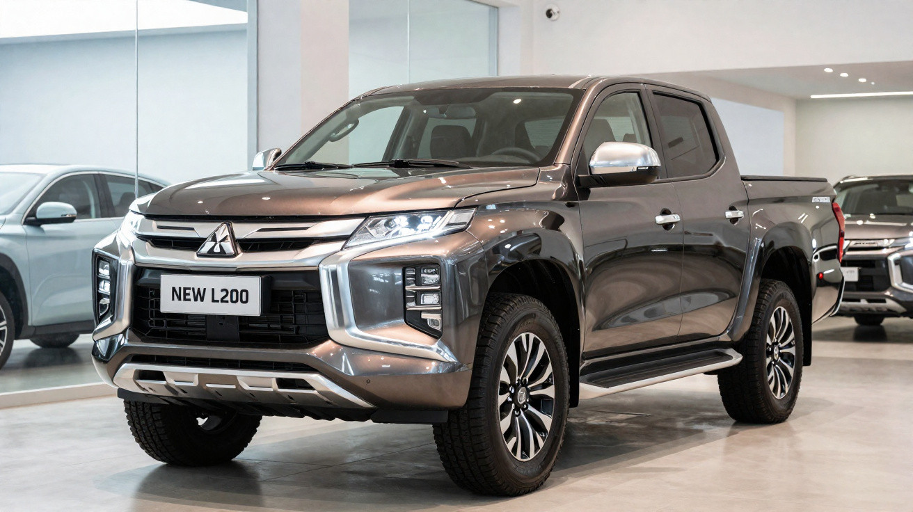 Veículo Mitsubishi New L200 cinzento estacionado em salão de automóveis moderno.