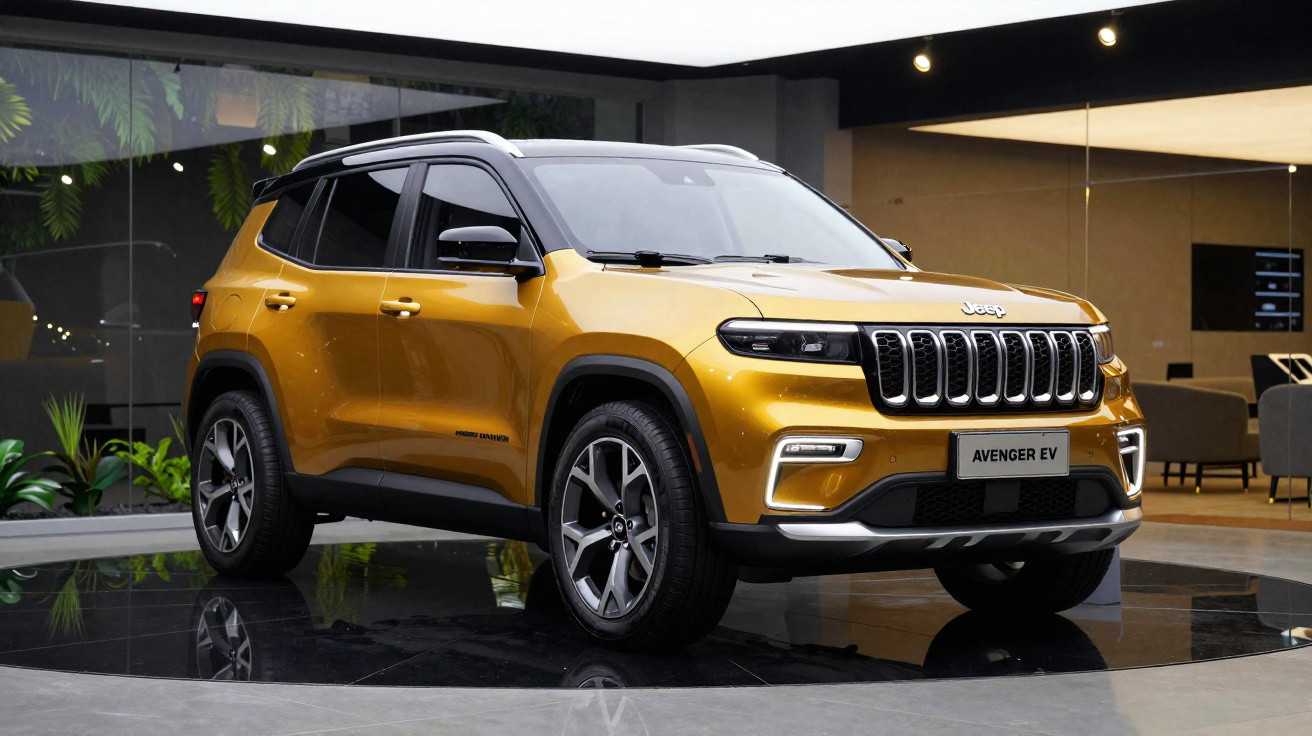 Jeep Avenger EV amarelo em exposição, SUV elétrico com design moderno e elegante.