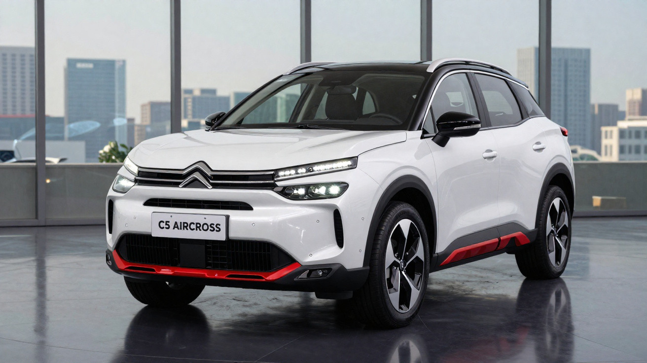 Citroën C5 Aircross branco com detalhes em vermelho estacionado em espaço interior com janelas panorâmicas.