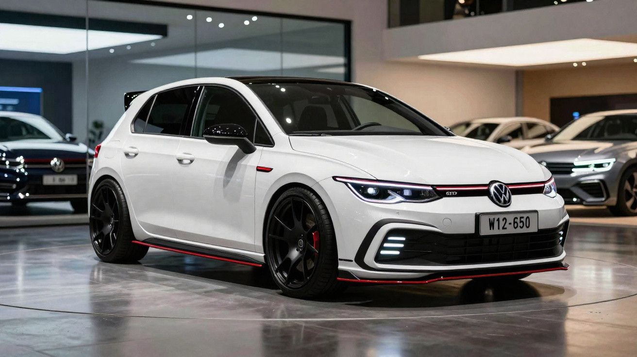 Carro desportivo Volkswagen Golf GTD branco com detalhes vermelhos, estacionado em showroom moderno.